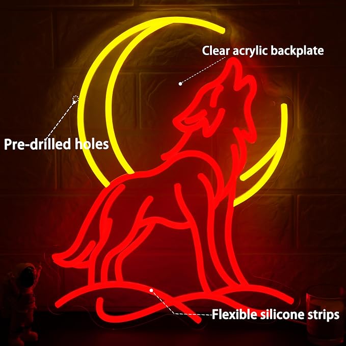 Wolf Moon Neon Sign for Wall Decor USB Powered Wolf Light Up Sign Yellow Dimmable Moon Neon Light for Room Cafe Pet Shop Gymnasium (12.6 * 15.75 in)