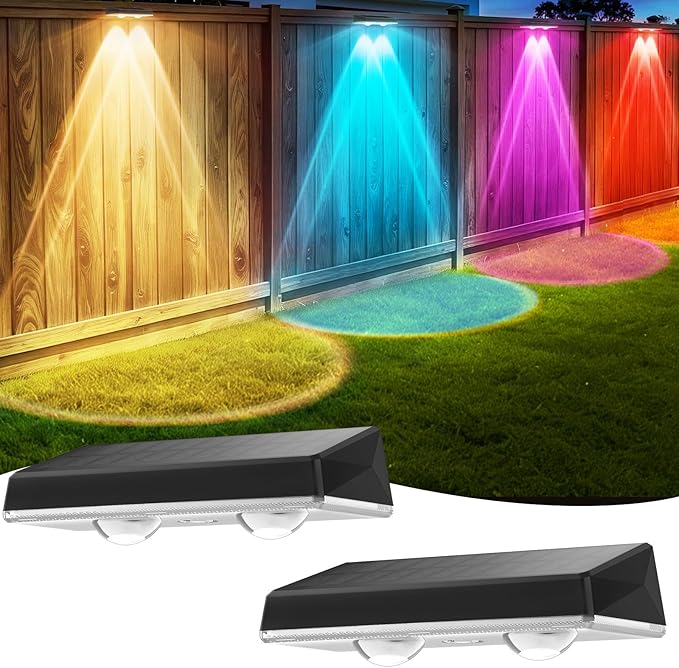 Dusk to Dawn Solar Fence Lights 7 Fixed Colors and RGB Waterproof Solar Deck Light ON/Off Push Switch Outdoor Solar Wall Lights for Outside/Backyard/Step/Patio/Pool, 2PACK