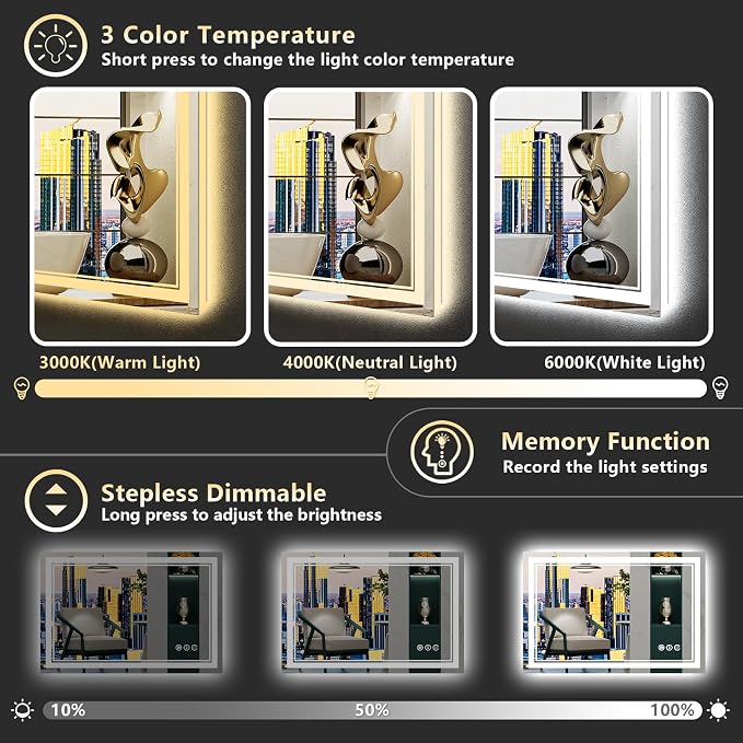 20x28 LED Bathroom Mirror, Backlit & Front Lit Lighted Mirror | Anti-Fog Vanity Mirror with Lights, 3 Color Dimmable, Memory, HD Tempered Glass, CRI95, IP54, UL Listed, Horizontal/Vertical