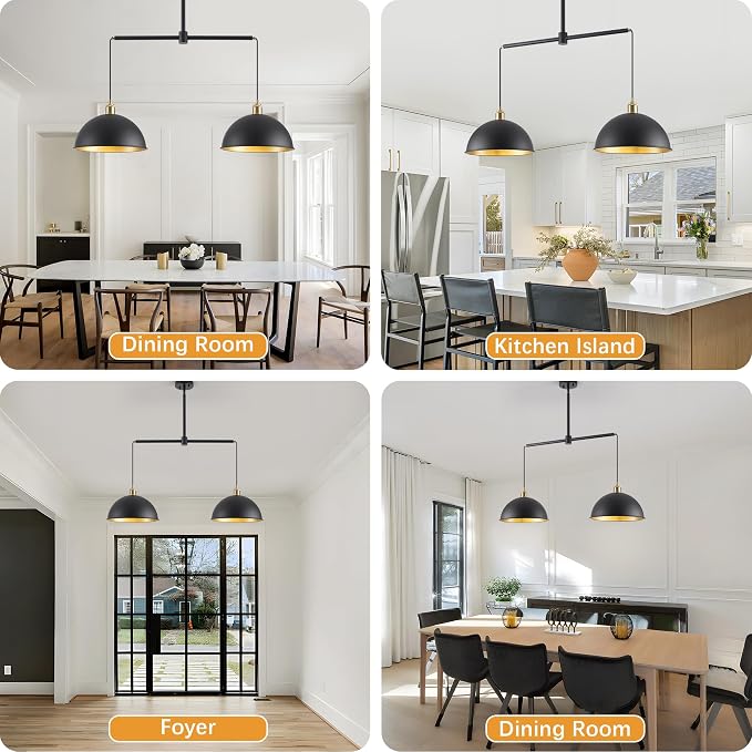 Farmhouse Black Pendant Light with 2-Lights, 11.81" Dome Pendant Lights Fixtures Modern Adjustable Hanging Lighting for Kitchen Island Dining Room and Foyer