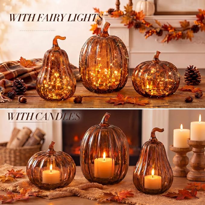 Yungyan Set of 3 Glass Pumpkin Lamp Shades Fall Decor,Brown | Pumpkin Candle Holder Rustic Thanksgiving Halloween Autumn Mantel Table Centerpiece Home Decoration, Lights Not Included
