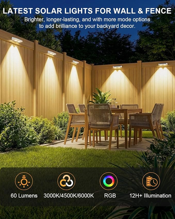 16 Pack Solar Fence Lights, Fence Lights Solar Powered with Ultra-Bright Lens Warm White + RGB 13 Color Mode IP65 Waterproo for Backyard/Step/Patio/Deck/Stair/Railings-White