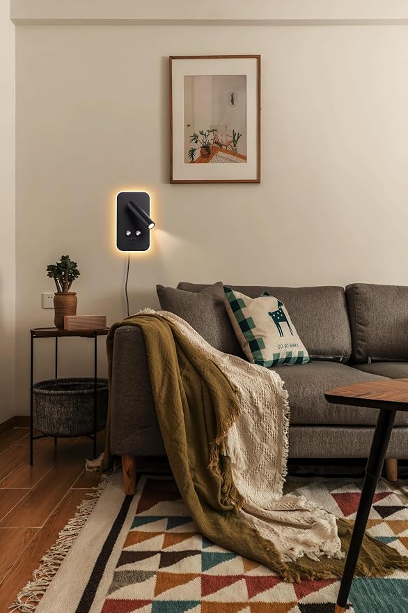 Wall-Mounted LED Bedside Reading Light Plug-in, with USB Charging Port, Stepless Touch Dimming, 3000K Warm Ambient Lighting Wall Lamp Sconce for Bedroom, Eye-Caring Bedroom Lighting (Black)