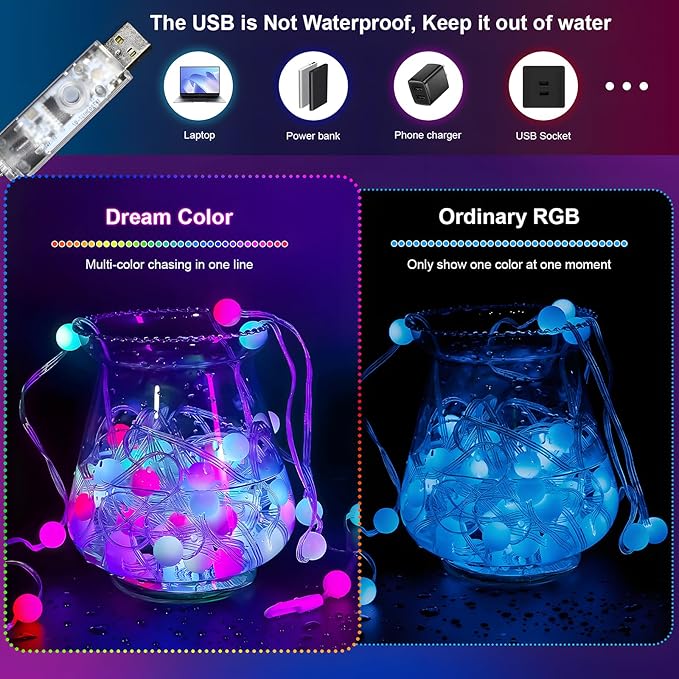 Christmas String Lights Indoor RGB Smart Twinkle Light 32.8Ft 66LEDs with Music Sync RF Remote APP Control, USB Powered Color Change Fairy Lights for Garden Bedroom Party Valentine's Day Decor