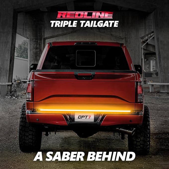 OPT7 Redline 60" Aluminum Truck Tailgate Light Bar w/Sequential Amber Turn - Weatherproof Rigid 1-Piece Triple Row LED Strip - Dynamic Taillight w/White Reverse - Fits F150, Silverado, Sierra, Ram