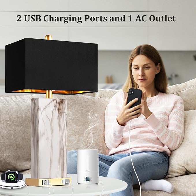 Touch Control Table Lamps Set of 2, Modern Contemporary Bedside Lamp with 2 USB Ports 1 AC Outlet, 3-Way Dimmable Nightstand Lamp Faux Marble Gold Black Rectangular Shade for Living Room Bedroom
