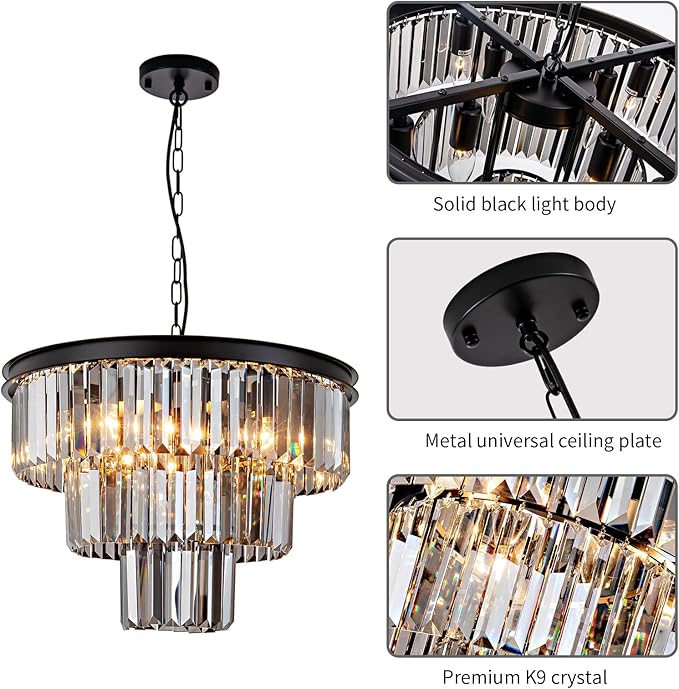 8 Light Black Crystal Chandelier 20'' Luxury Smoke Modern Dining Room Light Fixture 3-Tier Round Hanging Pendant Ceiling Lighting for Entryway Foyer Living Room Adjustable Height E12