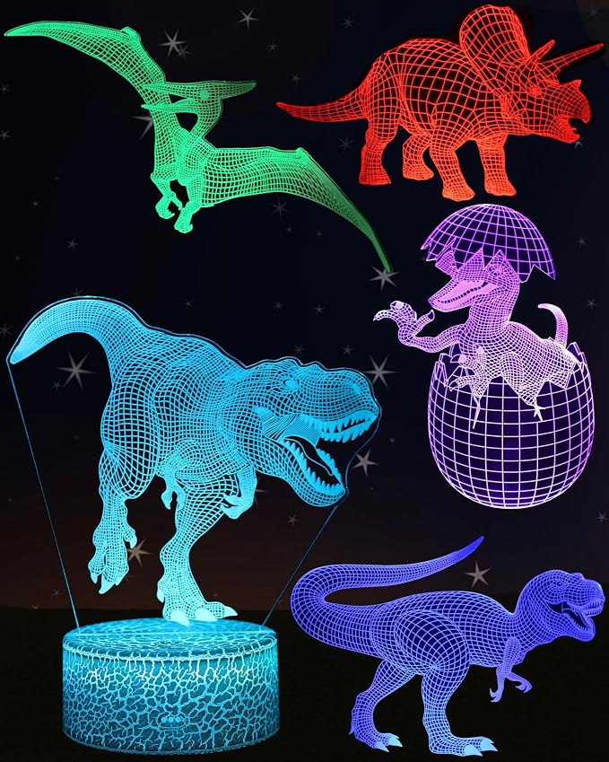 Dinosaur 3D Illusion LED Night Light, 5 Patterns, Kids Lighting | 16 Colors Changing, Dimmable, Smart Touch & Remote Control, Bedroom Room Décor Lamp, Gift Jurassic Toy Toddler Teen Boy Girl