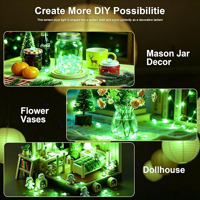 ZGWJ 10pcs Paper Lantern Lights Battery Operated, Hanging Lights for Lantern, Balloon,Wedding,Party, Decorative Lighting for Outdoor Indoor Halloween Christmas Decorations Green