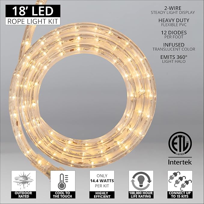 Wintergreen Lighting 18' LED Warm White Rope Light, Flexible Light Rope String Light Outdoor – Bedroom LED Light Rope, 120V, ½ Inch, 2-Wire