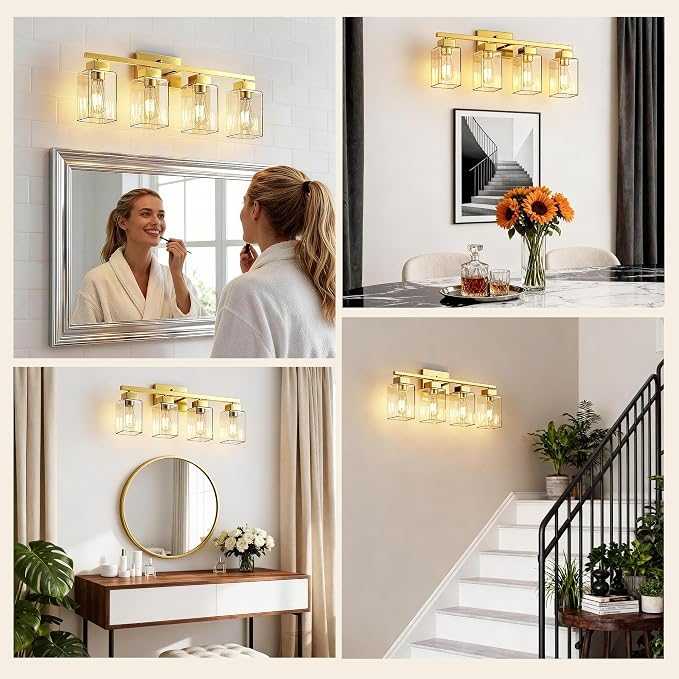 4-Light Bathroom Light Fixtures, Brushed Gold Modern Vanity Lights, Bathroom Lighting Fixtures Over Mirror, Square Design Farmhouse Wall Sconces with Clear Glass Shades