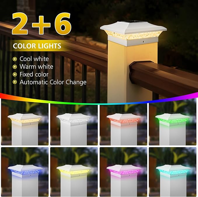 T-SUN Solar Post Cap Lights with Auto-Change Colors- for Vinyl/Wooden Posts Weatherproof Outdoor Solar Fence Post Lights for Deck, Porch, Garden & Stairs(24-Pack,RGB)