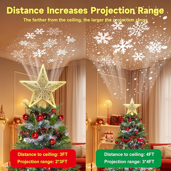 Christmas Star Tree Topper with Built-in Led Snowflake Projector Lights Hollowed Pentagram Golden Tree Topper,Plug in Christmas Tree Ornament for Indoor New Year Holiday Tree Decoration