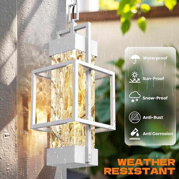 Hotsonic 15'' White Outdoor Indoor Pendant Celing Light Fixture, Modern Exterior Hanging Chandelier Porch Lights, Aluminum Outside Lantern Lamp for Entrance Foyer Entryway (Bulb Included)