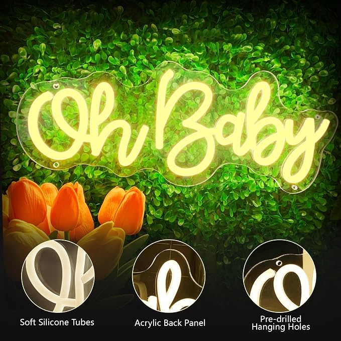 Oh Baby Neon Sign for Wall Decor, USB Powered Light Up Sign for Baby Shower | Warm White Backdrop for Gender Reveal, Birthday Party, Wedding Decorations, 16" x 7"