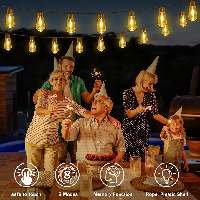 (New) Outdoor String Lights, 24FT 20 LED Hanging Bulbs Lights, IP65 Waterproof 8 Modes Plug-in Shatterproof Patio Globes Lights with Rope Hemp String for Backyard Balcony Camping Bistro - Warmwhite