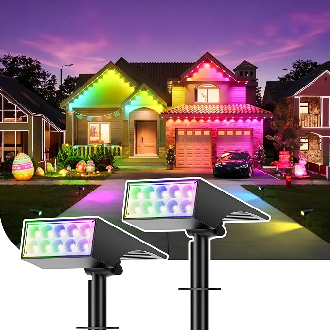 Solar Lights Outdoor Waterproof Landscape Spotlight Color Changing 2 Pack | IP65 Waterproof, Auto On/Off LED Powered Yard Garden Flood Solar Light for Outside Pathway Wall Tree Lawn Uplights Lights