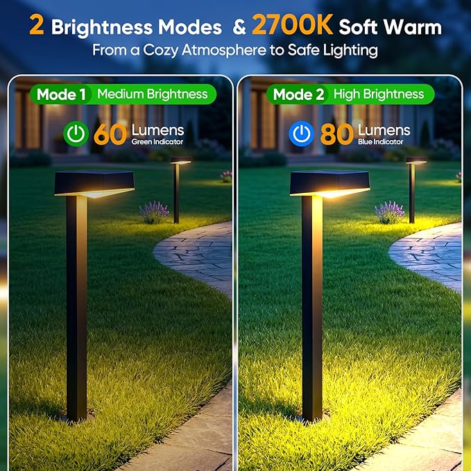 Solar Pathway Lights Outdoor: 8 Pack 80LM Bright Walkway Lighting | 27.4-in Max Height with 3 Adjustable Levels - IP65 Waterproof 12H Lasting - 2700K Warm White 2 Modes Garden Driveway Clearly