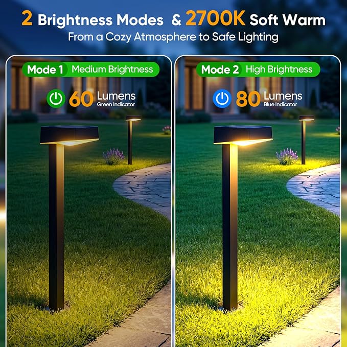 Solar Pathway Lights Outdoor: 2 Pack 80LM Bright Walkway Lighting | 27.4-in Max Height with 3 Adjustable Levels - IP65 Waterproof 12H Lasting - 2700K Warm White 2 Modes Garden Driveway Clearly