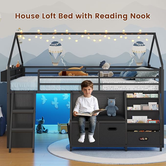 ADORNEVE Low Loft Bed Full Size with Bookshelf, Reading Nook & 3 Drawers | Black Kids Loft Bed, LED Light, Storage Drawers, Under-Bed Play Space,Safety Guardrail, Inclined Ladde, Play Curtain