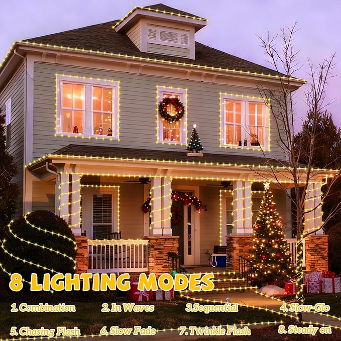 YEGUO Solar Rope Light Outdoor Waterproof, 66ft 200 LED Warm White String Lights, 8 Modes Tube Christmas Lights in Clear Thin Tube