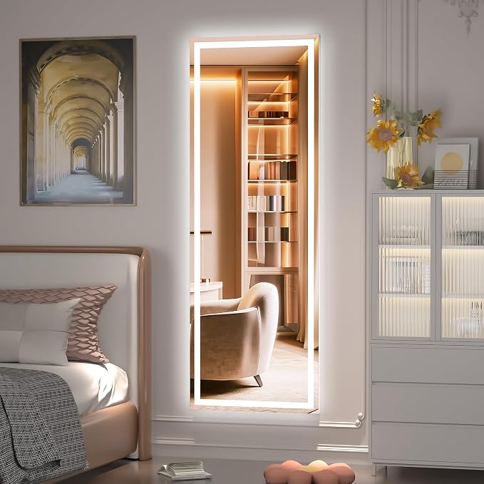 Hasipu Full Length Mirror with Lights, 55.7" x 16" LED Floor, Full Body Dressing Standing, Hanging Mounted Mirrors