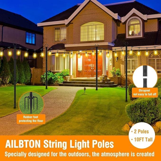 AILBTON 10Ft Exterior Light Poles 10 Pack, Durable Metal String Light Posts for Outdoor Use, Equipped with Fixed Brackets for Yard, Terrace, Backyard and Garden Lighting Decor