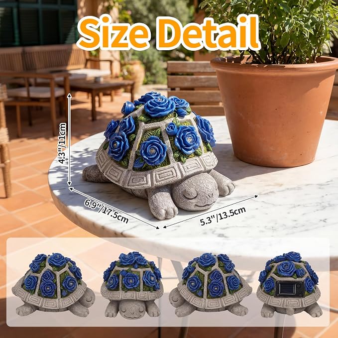 Solar Garden Outdoor Decor Turtle Statue with Dark Blue Roses & 7 LED Lights – Outside Tortoise Decor for Yard Patio Balcony & Backyard - Home House Decoration Art- Gift for Women Mom & Grandma