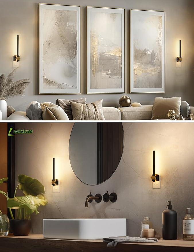 L LOHAS LED Night Light, Night Lights Plug into Wall, Dimmable Night Light | 0-200LM, Nightlight Black and Gold Vanity Light Bar for Bathroom Bedroom, Soft White 3000K, Dusk to Dawn Sensor