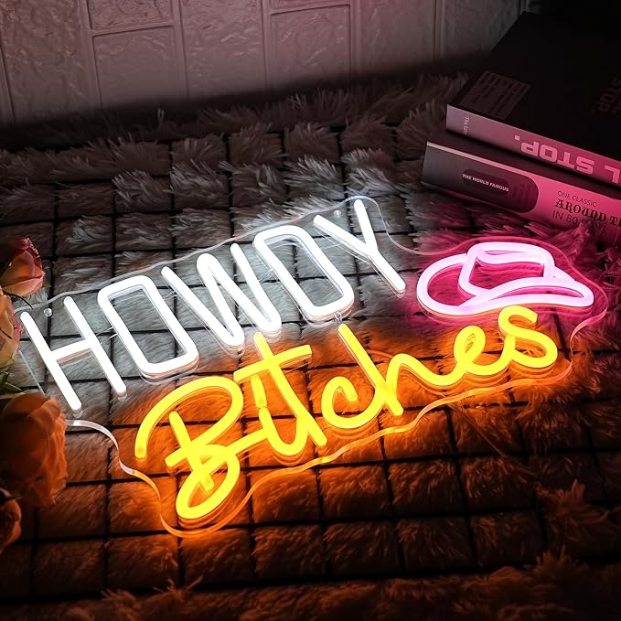 Howdy LED Neon Sign - White, Yellow, Pink Letters - USB Dimmable Light for College Dorm, Country Girls Bedroom Decor - Western Aesthetic Wall Art Gift