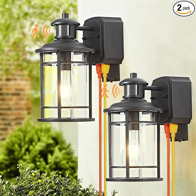 Patio Wall Light Fixture with Dual GFCI Outlets, Outdoor Light with Outlet, Motion Sensor Dusk-to-Dawn, Vintage Industrial Black Lantern, for Porch Patio Garage (2 Pack)
