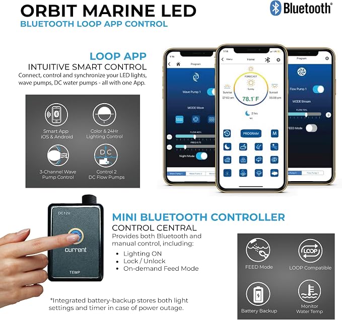 Current USA 24"-36" Inch Orbit Marine LED Saltwater Reef Marine Aquarium Light with Bluetooth App Control | Wireless Lighting & eFlux Wave Pump Control for Fish Tank (4201)