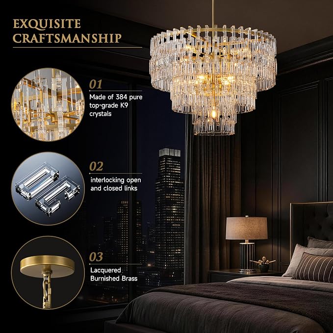 36'' W Round Crystal Chain Chandelier 9-Light E26 Modern Pendant Light, Burnished Brass Finish with 350+ Crystal Links, 79 Inch Adjustable Hanging Rod, For Foyer, Dining Room, Living Room, Gold