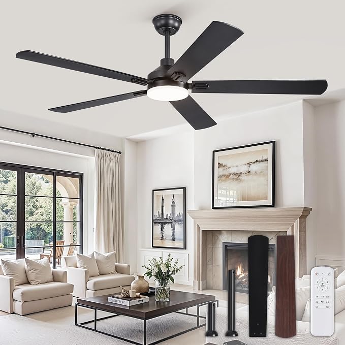 ZMISHIBO 60" Ceiling Fans with Lights and Remote, Black Modern for Indoor | Large Size, 3CCT, Downrod Mount, Farmhouse Dual Finish Blades, Quiet&Strong Motor, Memory Function for Bedroom, Living Room