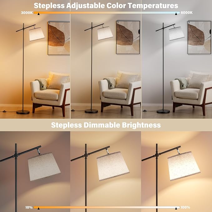 Floor Lamp with Linen Shade, Dimmable Tall Standing Lamp with Remote Control & 3 Color Temperatures Bulb, Modern Swing Arm Floor Lamps for Living Room Bedroom Office Corner