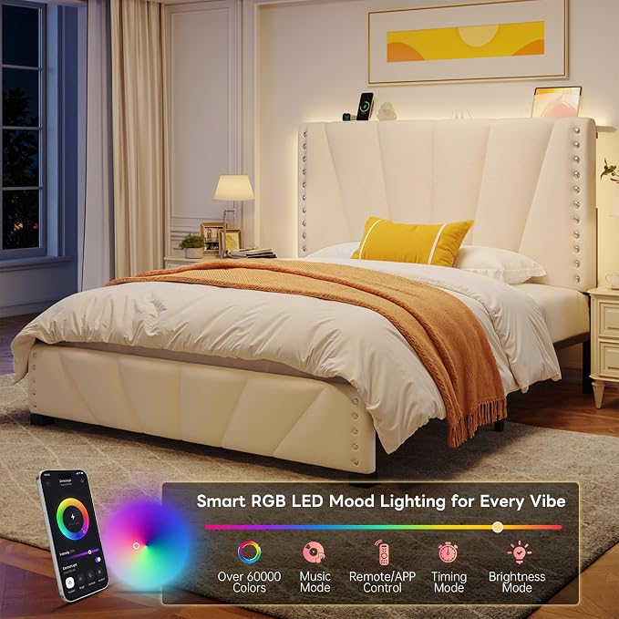 EnHomee Full Size Bed Frame with LED Lights & USB, Noise-Free, Beige | Adjustable Velvet Headboard，Under-Bed Storage，Heavy Duty Support with 12 Slats，No Box Spring Needed，Easy Assembly for Bedroom