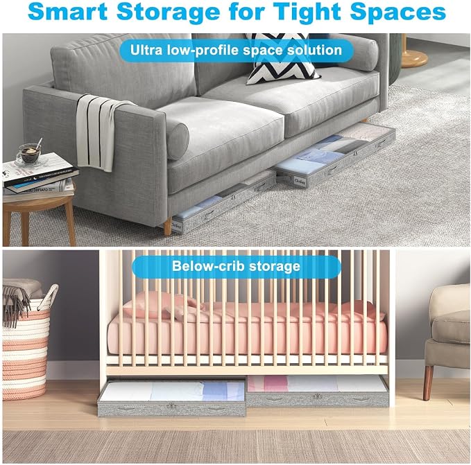 5 Inch Low Profile Under Bed Storage Drawer 2 Pack, Lightweight Underbed Clothes Storage Container Bins With NO STURCTURE, Shallow Storage Bag for Dorm & Home, With Clear Lids & Water-Resistant Fabric