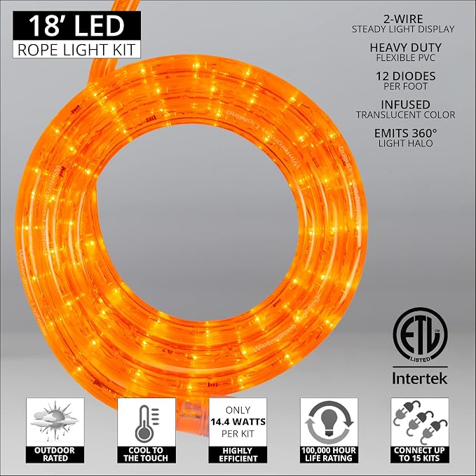 Wintergreen Lighting 18' LED Orange Rope Light, Halloween Light Rope String Light Outdoor – Bedroom LED Light Rope, 120V, ½ Inch, 2-Wire – Rope Light Clips and Power Cord Included