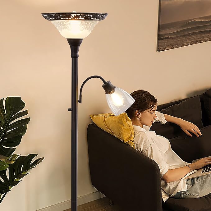 Floor Lamps for Living Room, 70" Floor Lamp Standing Torchiere Lamp with Etched Glass Shade, Metal Pole & Heavy Base, Vintage Tall Corner Lamp Decor for Bedroom, Living Room, Office. No Bulbs (2 Head)