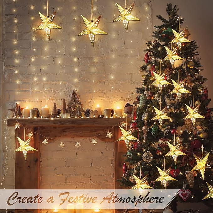Zhanmai 10 Pcs Large 3D Gold Paper Star Lantern with 10 LED Lights 11.8 Inch 5 Point Hollow Hanging Paper Star Lampshade Decoration Light Lanterns for Wedding Birthday New Year Party Home Decor
