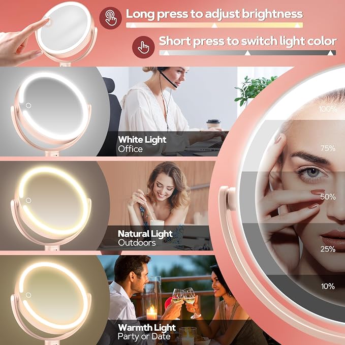 Makeup Mirror with Lights, Lighted Magnifying Mirror 30X with 3 Lighting and Adjustable Brightness, 2-Sided Height Adjustable Vanity Mirror for Bathroom, Gifts for Women Pink