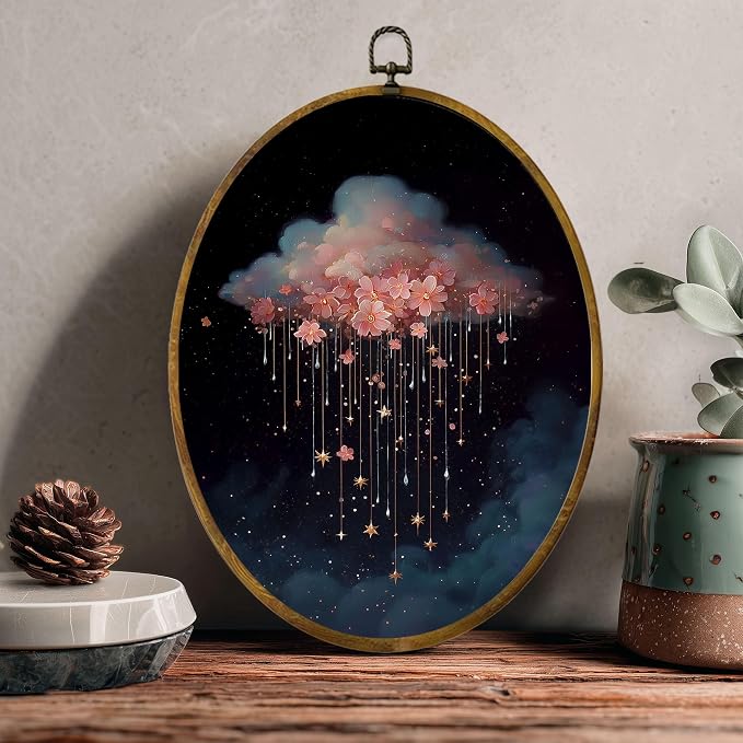 zewepri Floral Cloud Oval Wall Art, Starry Pink Rain Canvas Decor, 8.5x11.5 | Magical pink floral cloud with golden stars adds dreamy charm to nursery, bedroom, bathroom, living room, or gallery wall