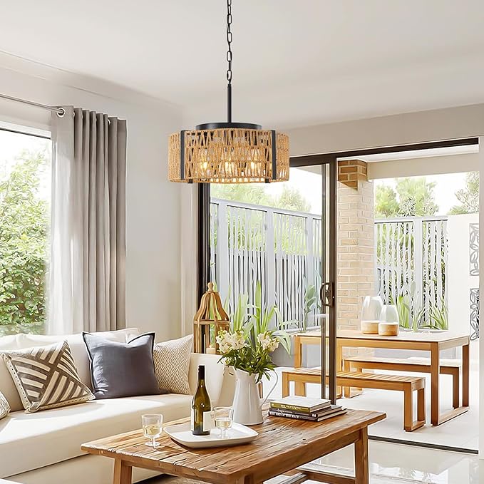 Boho Rattan Chandelier,4-Light 17.7”Chandeliers for Dining Room Hand Woven Rattan Light Fixture Farmhouse Chandeliers for Kitchen Island Bedroom, Living Room, Foyer (E26 Bulbs Not Included