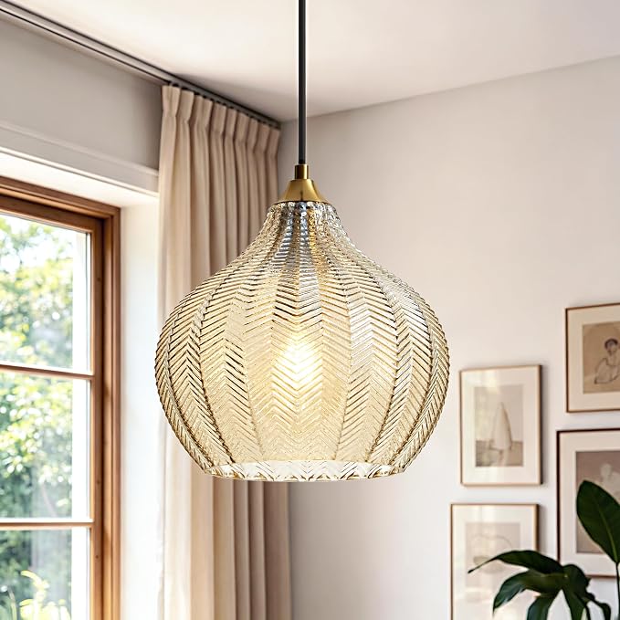 Amber Glass Pendant Lights Kitchen Island Gold Hanging Ceiling Light 9"