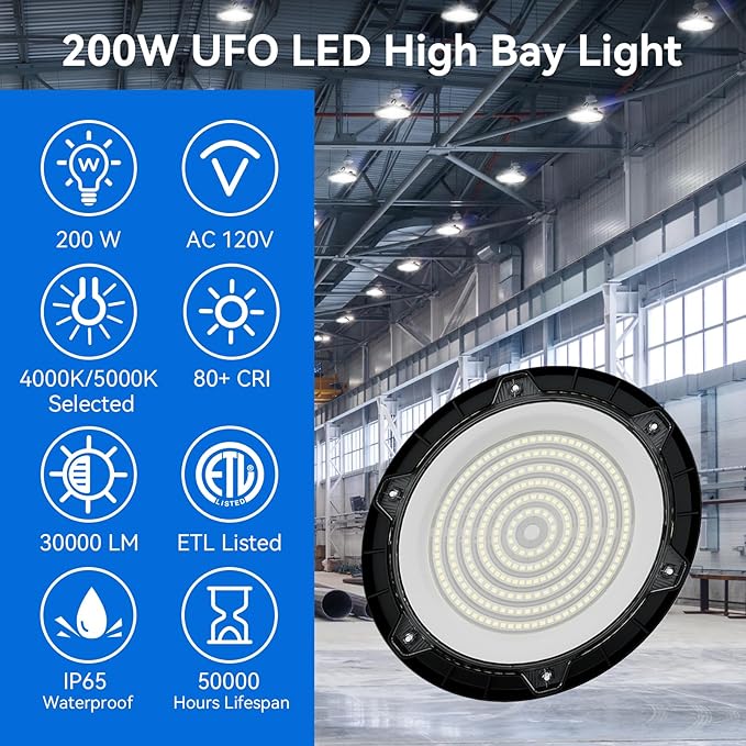 UFO LED High Bay Light 200W, 30000 lumen LED Shop Light, 4000K/5000K 2 CCT Selectable UFO Lights, 5' Cable with US Plug&Safety Rope, IP65 Waterproof Commercial Bay Lighting UL&ETL Listed, 10 Pack