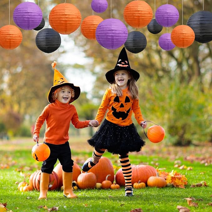 20Pcs Black Orange Purple Paper Lanterns for Parties, 6” 8” 10” 12” Chinese Asian Hanging Round Paper Lanterns for Birthday Wedding Halloween Christmas Home Decor Party Decor