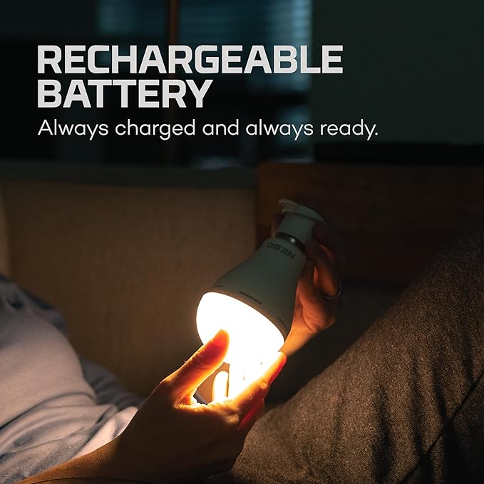 NEBO BLACKOUT BACKUP Emergency Bulb | 850 Lumens, 4 Light Modes, LED Rechargeable Light Bulb, Automatic Charging, Works Without Power, E26 Screw Base, Includes Power Cap & Portable Hanging Hook