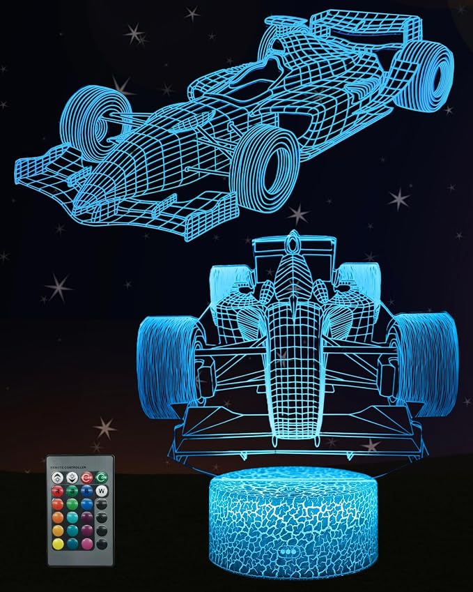 Racing Car 3D Illusion Night Light Boy Gift, 2 Patterns 16 Colors | 16 Colors Changing Lamp, Dimmable, Touch & Remote Control, Kid Teenager Girl Toy, Birthday Christmas, Room Bedroom Décor
