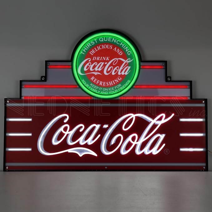 Art Deco Marquee Coca-Cola LED Flex-Neon Sign, Officially Licensed, Red, White and Green, 39 Inches Wide x 28 Inches Tall, Steel Can, Indoor Use Only