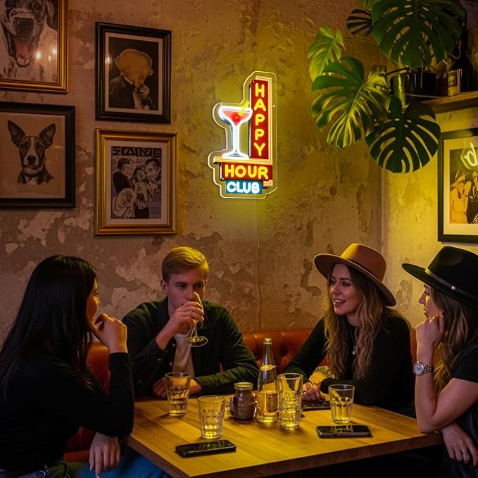 Happy Hour Neon Signs Dimmable Retro Led Happy Hour Club Neon Light for Bar Club Pub Party USB Powered Neon Light Sign Man Cave Gifts(Yellow)
